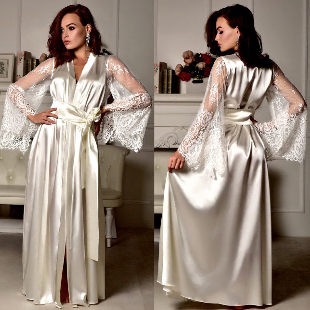 2021 Sexy Lingerie Women Silk Lace Long Robe Dress Pajamas Nightdress Nightgown Sleepwear